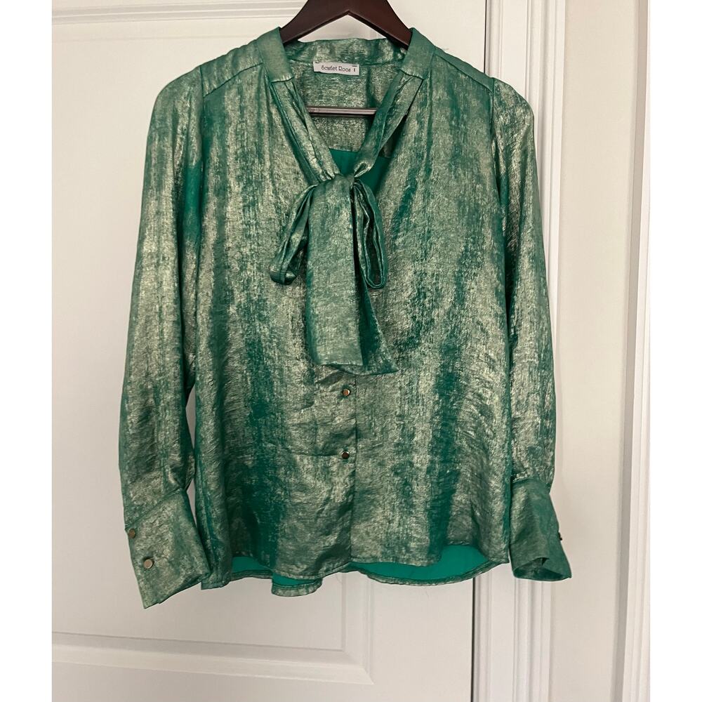 Scarlet Roos France women’s blouse green gold bow accent Sz. S/M